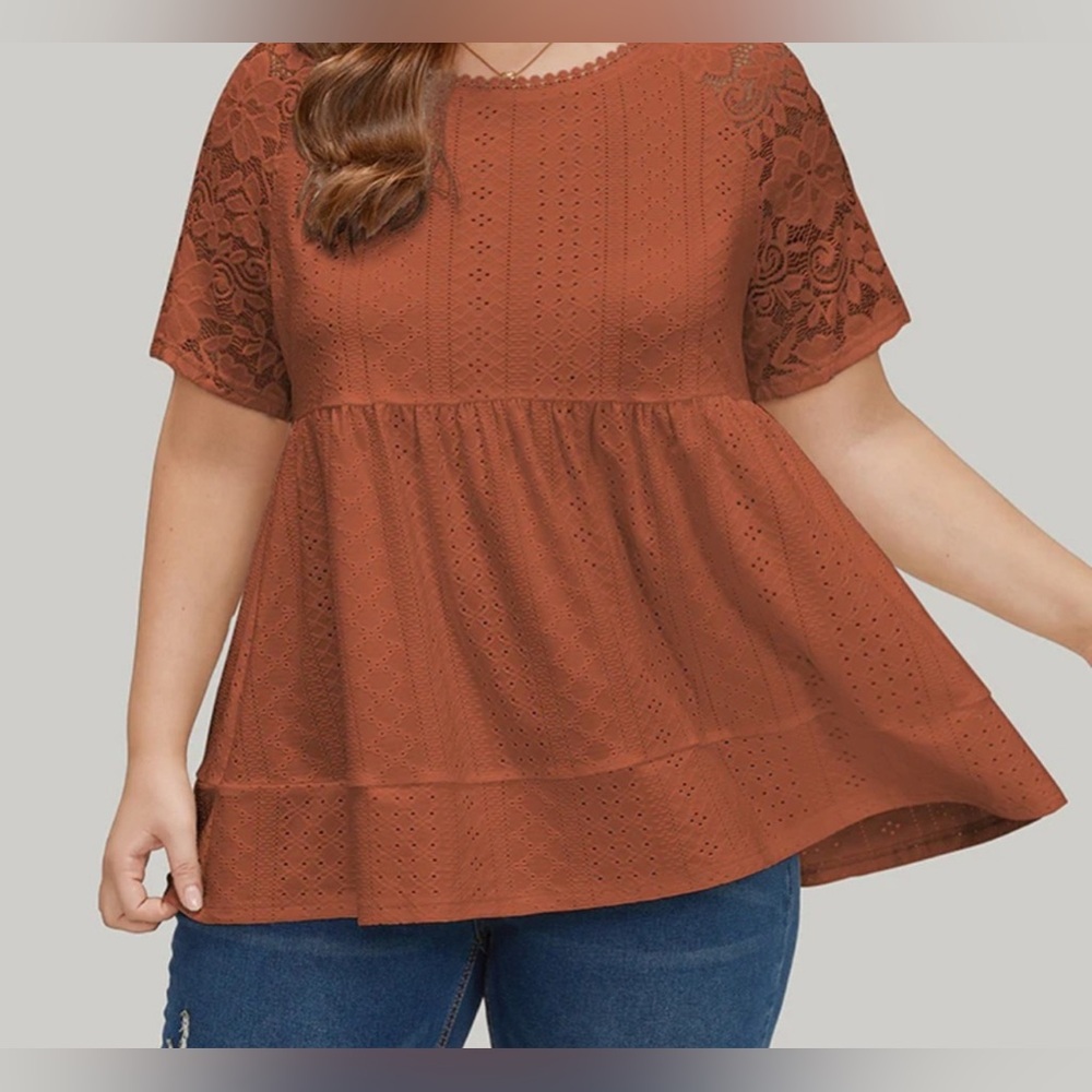 NWT Bloomchic Pompom Trim and Lace Sleeve Top